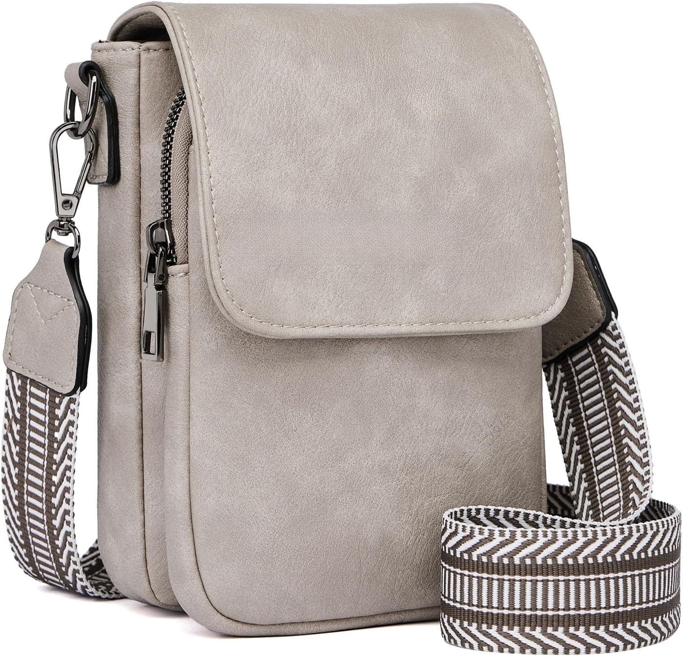Kwuty Small Crossbody Bags for Women Trendy,Leather Triple Compartment Cell Phone Crossbody Wallet Purses with Card Slots（Cream Gray）