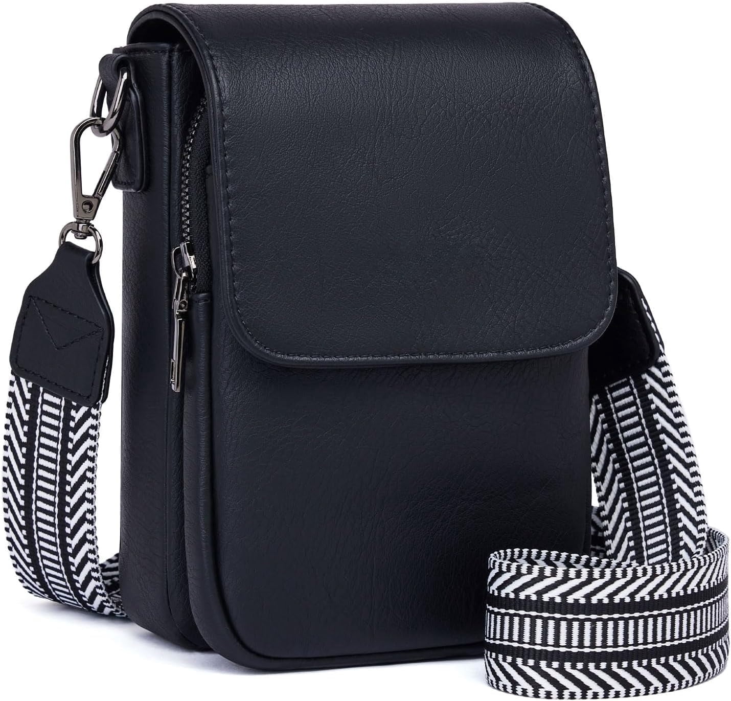 Kwuty Small Crossbody Bags for Women Trendy,Leather Triple Compartment Cell Phone Crossbody Wallet Purses with Card Slots（Black）