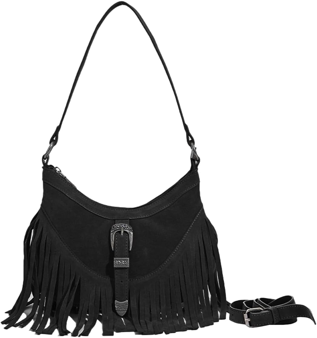 Kwuty Small Western Fringe Underarm Purse Mini Hipppie Shoulder Bag with Tassel for Women