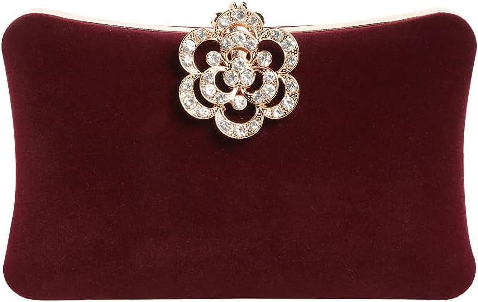 Kwuty Velvet Evening Bags For Women With Flower Closure Rhinestone Crystal Embellished Clutch Purse For Party Wedding