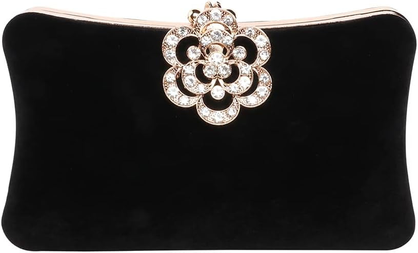 Kwuty Velvet Evening Bags For Women With Flower Closure Rhinestone Crystal Embellished Clutch Purse For Party Wedding