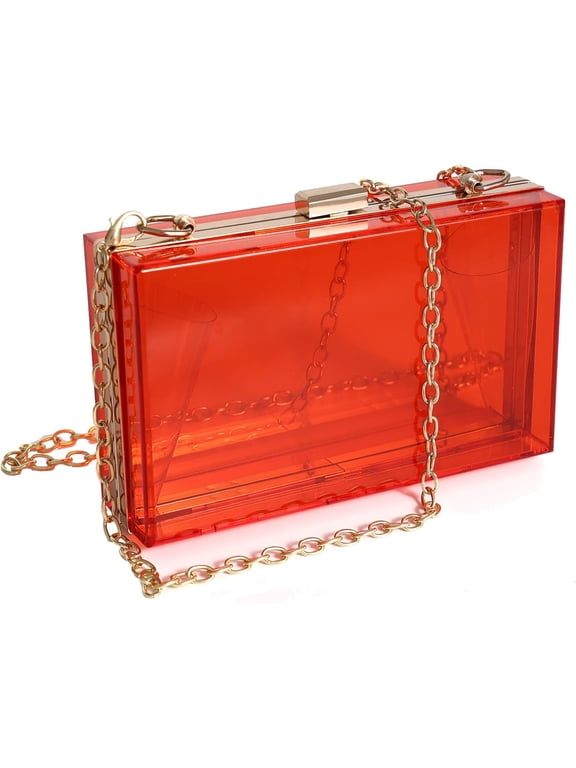 Women Clear Purse Acrylic Box Clutch Handbag, Small Transparent Crossbody Evening Bag Stadium Approved Gold Chain Strap