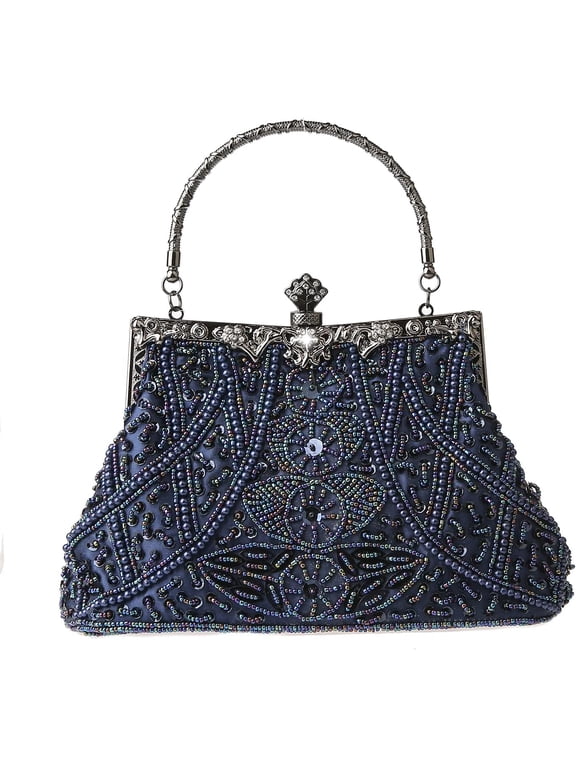 Womens Vintage Floral Beaded Rhinestone Embroidery Clutch Sequin Crossbody Bag Evening Handbag for Bridal Wedding Party Prom