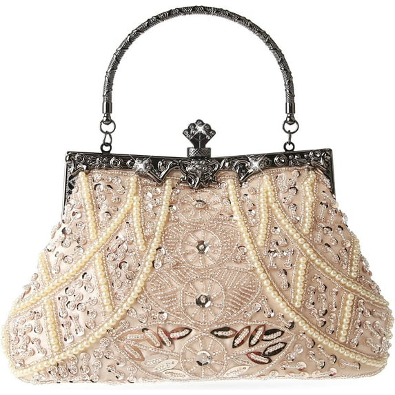 Kwuty Womens Vintage Floral Beaded Rhinestone Embroidery Clutch Sequin Crossbody Bag Evening Handbag for Bridal Wedding Party Prom