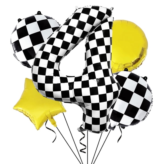 Kwuz Race Car Birthday Balloons Boys KKS14th Birthday Decor Racing Car Themed Party Decorations Supplies Favors Need Four Speed Checkered Number 4 Balloon 40-Inch Black White Gold
