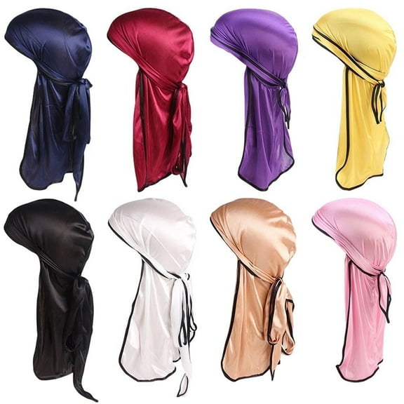 Kxuhivc 8 Pack Silky Durag Brush Elastic Headwrap Cap with Long Tail for Men&Women Hair Waves