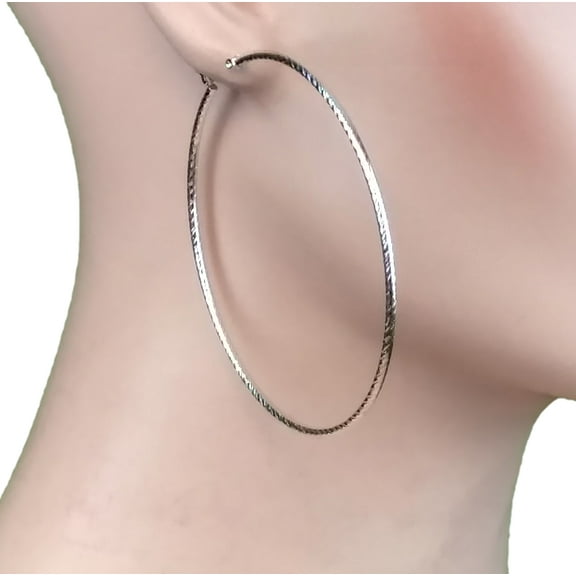 Ky & Co Large Huge Round Thin Textured Silver Tone Twist Etched Hoop Earrings Pierced 3 1/4"
