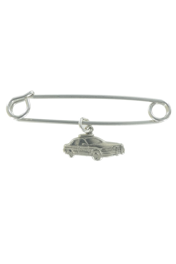 Silver Tone Police Car Dangle Charm 2" Safety Pin Brooch