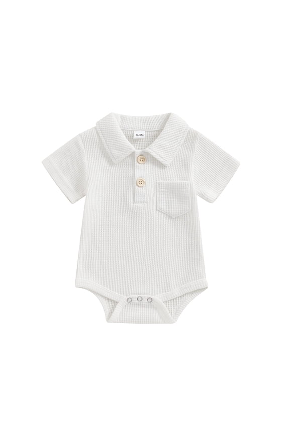 0-12 Months Newborn Boy Clothes Lapel Button up Short Sleeve Bodysuit Knit Shirt Romper Solid Color