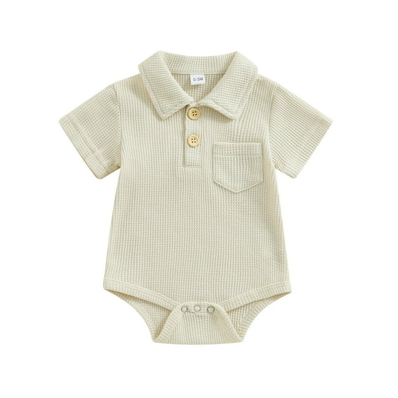 KyCheLot 0-12 Months Newborn Boy Clothes Lapel Button up Short Sleeve Bodysuit Knit Shirt Romper Solid Color