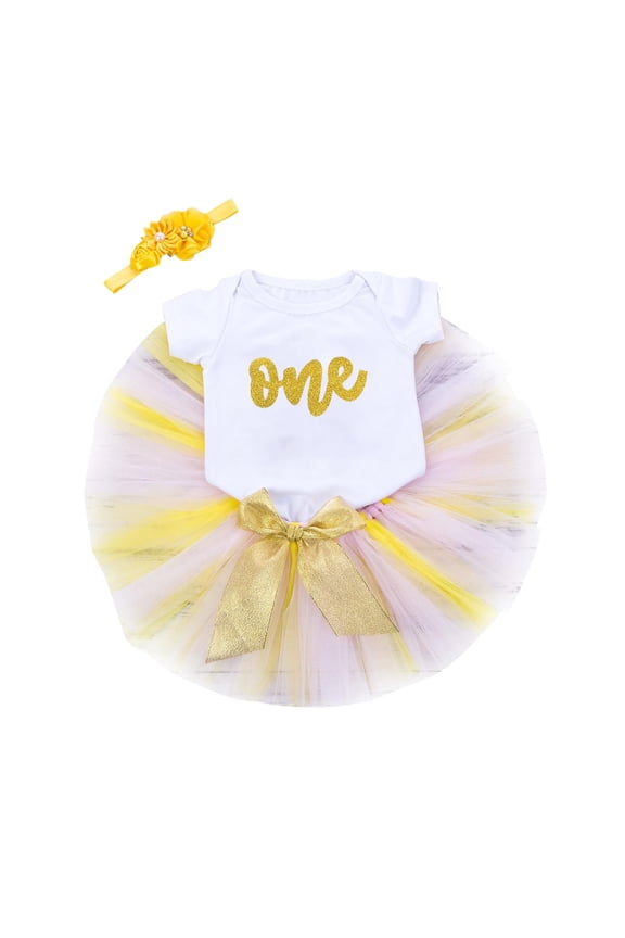 0-18 Months Girl Birthday Outfit Short Sleeve Romper and Tulle Skirts with Headband My 1st Birthday Set