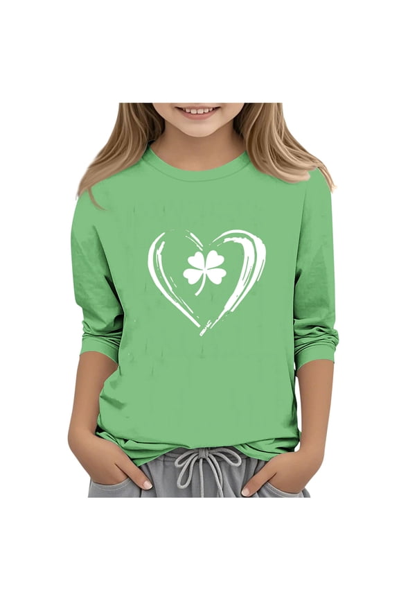 3/4 Sleeve Shirts for Girls St.Patrick's Day Crewneck Pullover Printed Tee Shirts 3-13 Years
