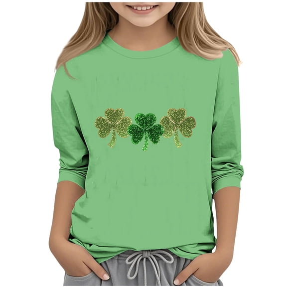 KyCheLot 3/4 Sleeve Shirts for Girls St.Patrick's Day Crewneck Pullover Printed Tee Shirts 3-13 Years