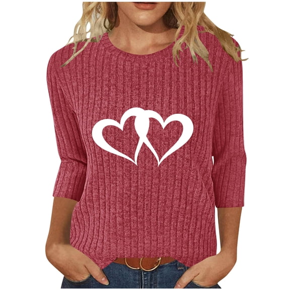KyCheLot 3/4 Sleeve Shirts for Women Lightweight Knit Crew Neck Print Cute Valentines Pullover Sweaters
