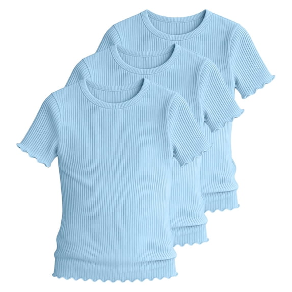 KyCheLot 3 Pack Ribbed Knit Tops for Girls Crew Neck Solid Color Short Sleeve T-Shirts Trendy Ruffle Trim T-Shirts