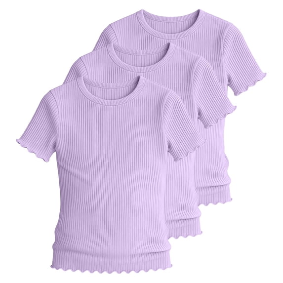 KyCheLot 3 Pack Ribbed Knit Tops for Girls Crew Neck Solid Color Short Sleeve T-Shirts Trendy Ruffle Trim T-Shirts