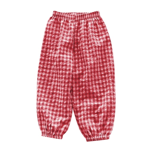 KyCheLot Baby Boys Girls Casual Pants Cotton Linen Elastic Waist Plaid Trousers Bloomers Homewear 2-8 Years