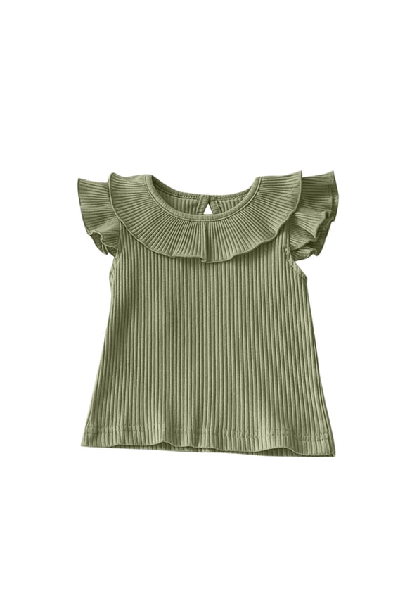 Baby Girls Casual Clothes Summer Knit Ribbed Crew Neck Ruffle Short Sleeve Blouse 6 Months-4 Years