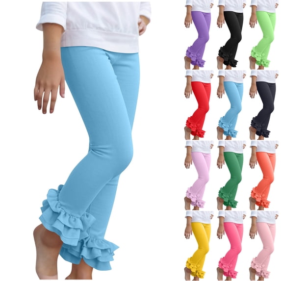 KyCheLot Baby Girls Leggings Solid Color Layer Ruffle Hem Elastic Waist Stretchy Bottoms 3-12 Years