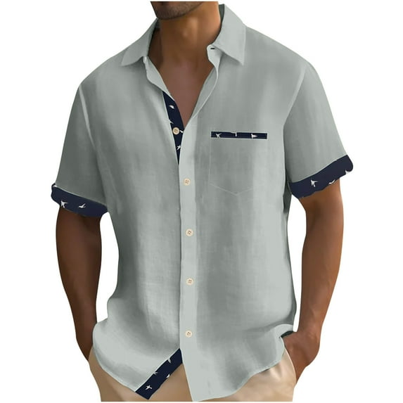 KyCheLot Beach Shirts for Men Cotton Linen Collared Button down Short Sleeve Shirt Casual Travel Shirt