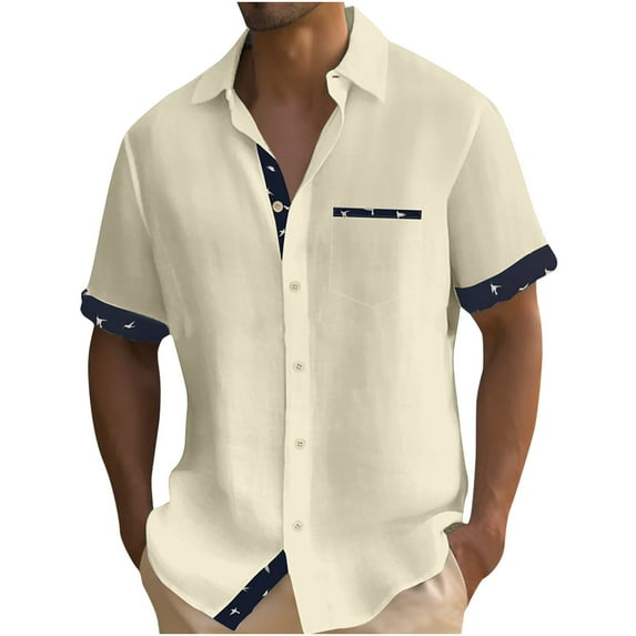 KyCheLot Beach Shirts for Men Cotton Linen Collared Button down Short Sleeve Shirt Casual Travel Shirt