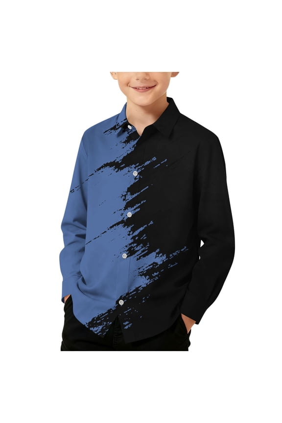 Boys Button down Shirt Casual Print Lapel Collar Loose Long Sleeve Shirt School 3-14 Years