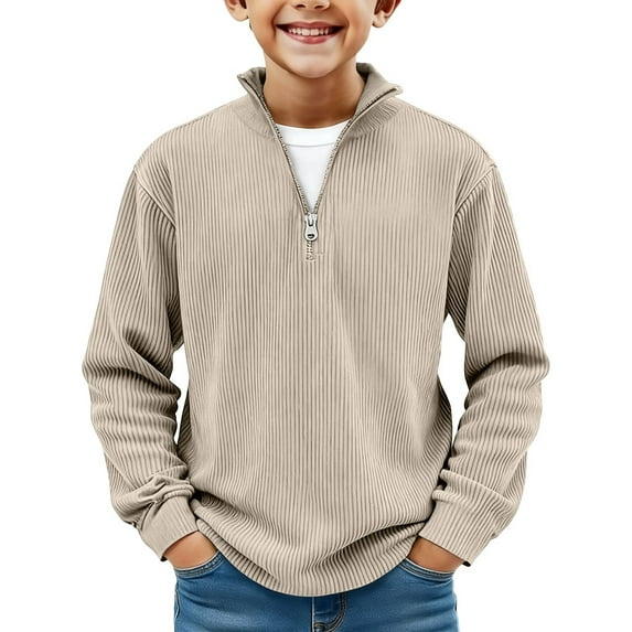 KyCheLot Boys Casual Shirts Vintage Corduroy 1/4 Zip Collar Long Sleeve Lightweight Loose Sweatshirt School Wear 4-15Years