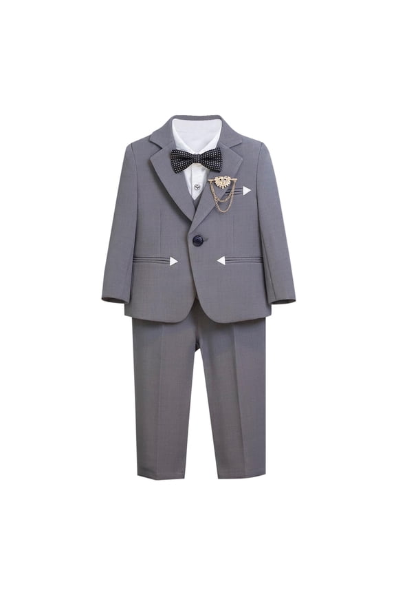 Boys Formal Set Suit Jacket V-Neck Vest Dress Shirts and Pants with Bowtie Outfit Wedding School 2-16 Years