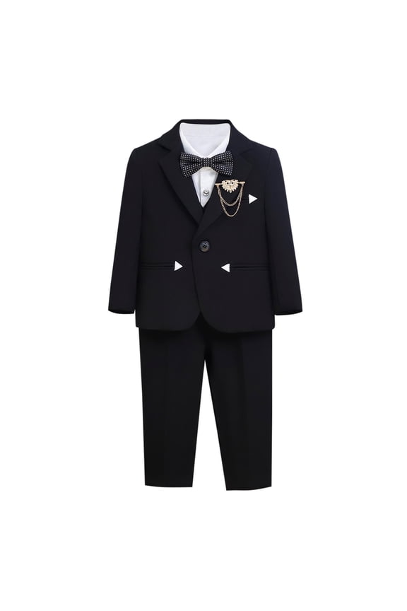Boys Formal Set Suit Jacket V-Neck Vest Dress Shirts and Pants with Bowtie Outfit Wedding School 2-16 Years