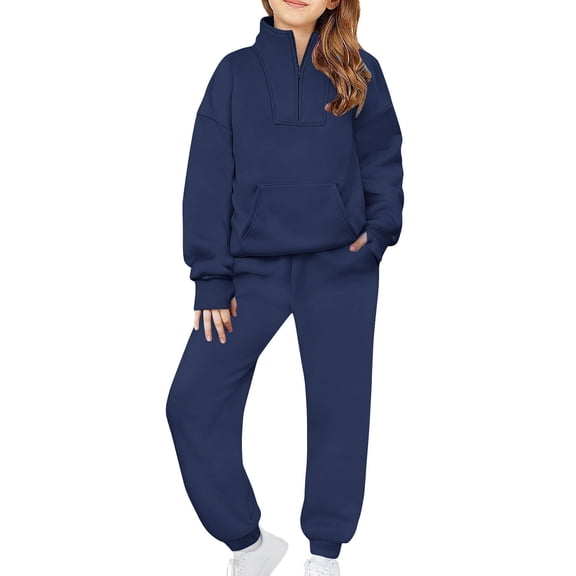 KyCheLot Boys Girls 2 Piece Outfits Sweatsuit Half Zip Thumb Hole Sweatshirts and Sweatpants Activewear School 5-14Years