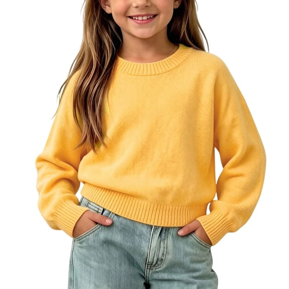 KyCheLot Boys' Girls' Knitted Sweaters Solid Color Crew Neck Long Sleeve Pullover Sweaters Comfy Everyday Tops