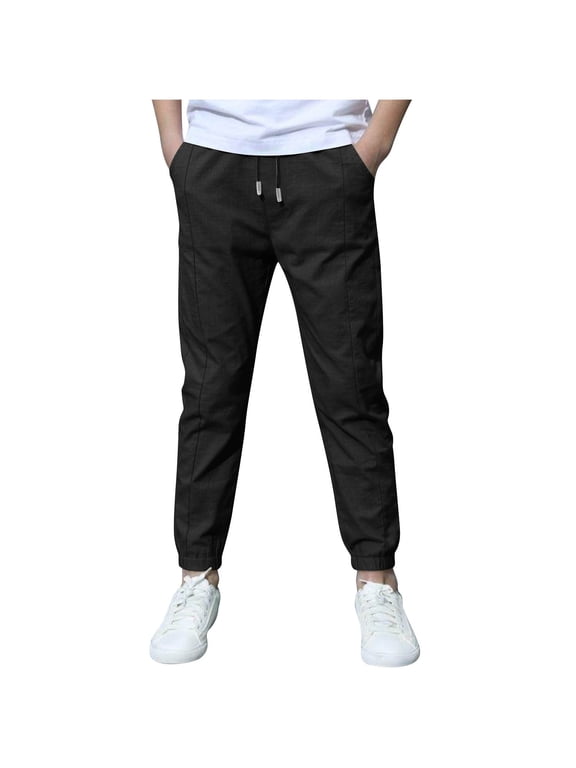 Boys Pant Casual Schoolwear Drawstring Straight Leg Slim Cotton Linen Pants with Pockets 4-12 Years