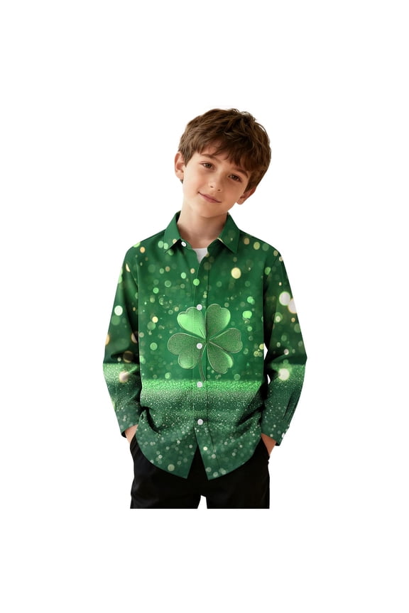 Boys St Patrick's Day Shirt Printed Button down Shirts Casual Long Sleeve Blouse 3-16 Years