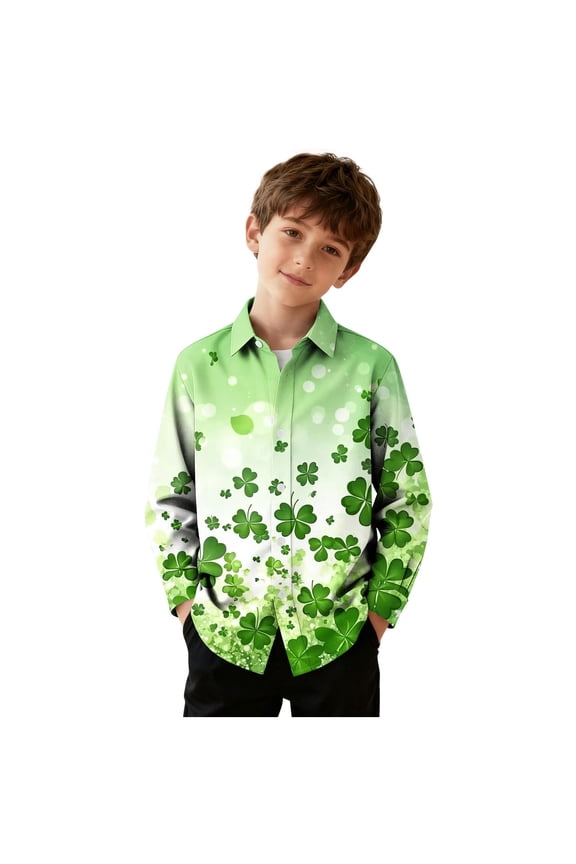 Boys St Patrick's Day Shirt Printed Button down Shirts Casual Long Sleeve Blouse 3-16 Years