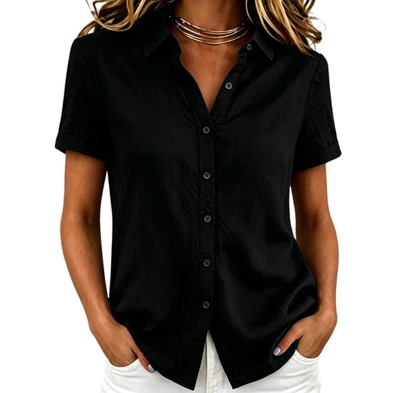 KyCheLot Button down Shirts for Women Summer Lapel Neck Rolled Short Sleeve Blouses Lightweight Business Shirts