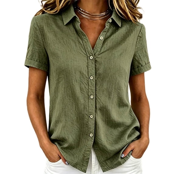 KyCheLot Button down Shirts for Women Summer Lapel Neck Rolled Short Sleeve Blouses Lightweight Business Shirts