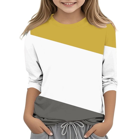KyCheLot Casual 3/4 Sleeve Tshirts for Girls Stretchy Loose Round Neck Printed Tunic Tops Spring Summer 3-12 Years