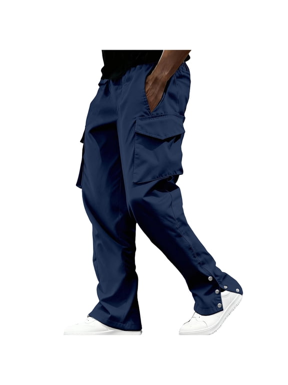 Casual Cargo Pants for Men Straight Leg Snap Side Split Solid Color Drawstring Waist Long Pants with Pockets