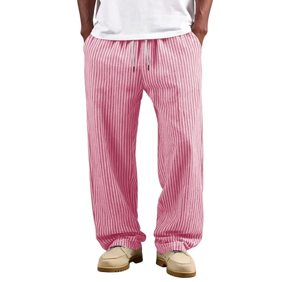 KyCheLot Cotton Linen Pants for Men Stripe Lightweight Comfy Breathable Drawstring Waist Lounge Wide Leg Pants