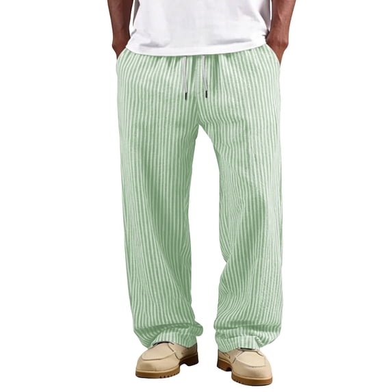 KyCheLot Cotton Linen Pants for Men Stripe Lightweight Comfy Breathable Drawstring Waist Lounge Wide Leg Pants