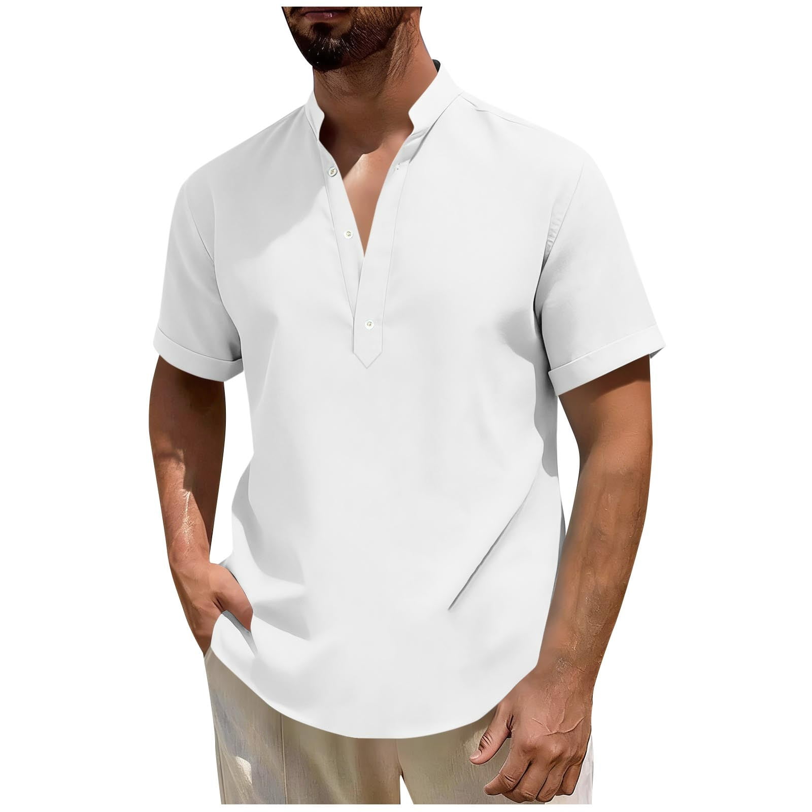 KyCheLot Cotton Linen Shirts for Men Buttons V Neck Short Sleeve