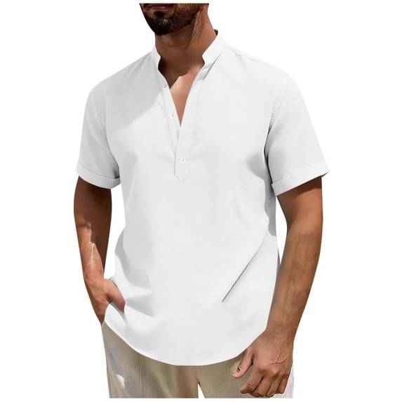 KyCheLot Cotton Linen Shirts for Men Buttons V Neck Short Sleeve Loose Stand Collar Blouse Big and Tall Tops