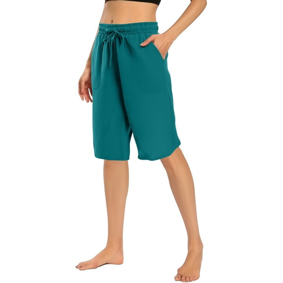 KyCheLot Cotton Linen Shorts for Women Knee Length Drawstring Elastic Waist Shorts Casual Summer Pants with Pockets