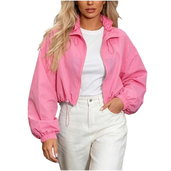 KyCheLot Cropped Coats for Women Zip up Stand Collar Long Sleeve Coats Lightweight Trendy Drawstring Hem Outerwear