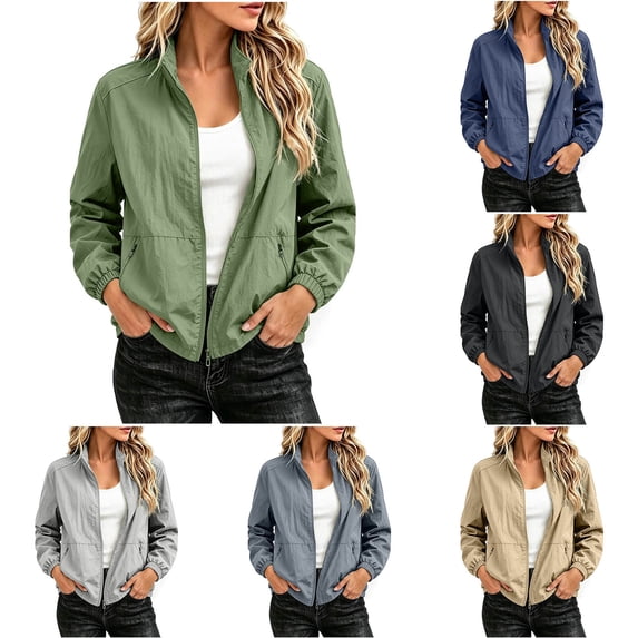 KyCheLot Plus Size Zip-Up Jacket for Women Stand Collar Long Sleeve Coats Lightweight Elastic Sleeve Outerwear