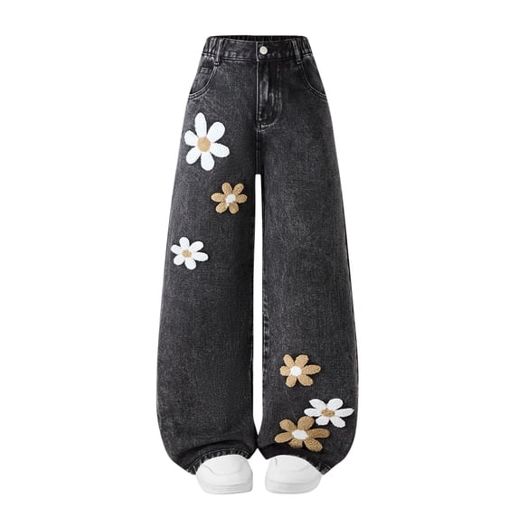 KyCheLot Cute Jeans for Girls Patchwork Elastic High Waisted Wide Leg Denim Long Pants with Pockets 7-14 Years