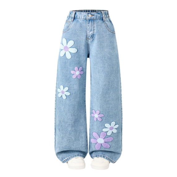 KyCheLot Cute Jeans for Girls Patchwork Elastic High Waisted Wide Leg Denim Long Pants with Pockets 7-14 Years