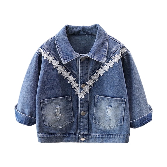 KyCheLot Denim Jacket for Girls Lapel Neck Long Sleeve Button Outerwear with Pockets Trendy Ruffle Lace Trim Coats