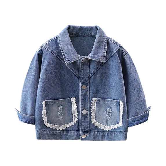 KyCheLot Denim Jacket for Girls Lapel Neck Long Sleeve Button Outerwear with Pockets Trendy Ruffle Lace Trim Coats