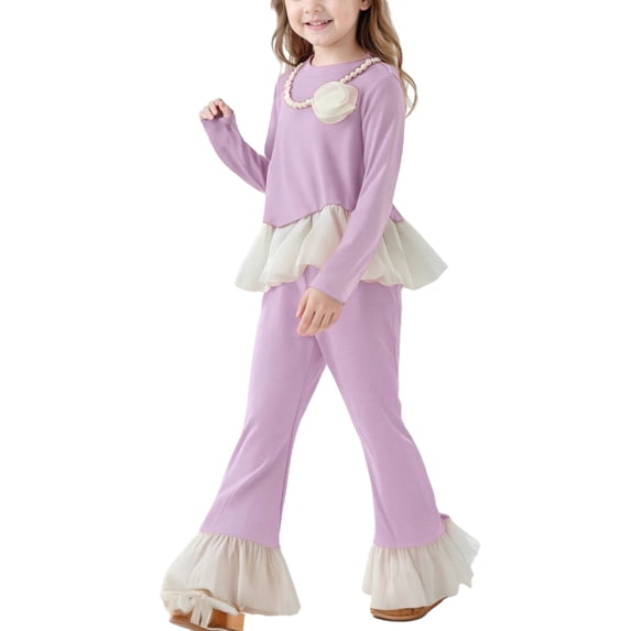 KyCheLot Dressy Outfits for Girls Ruffle Lace Trim Long Sleeve Tops and Elastic Waist Flare Leg Pants 1-10 Years
